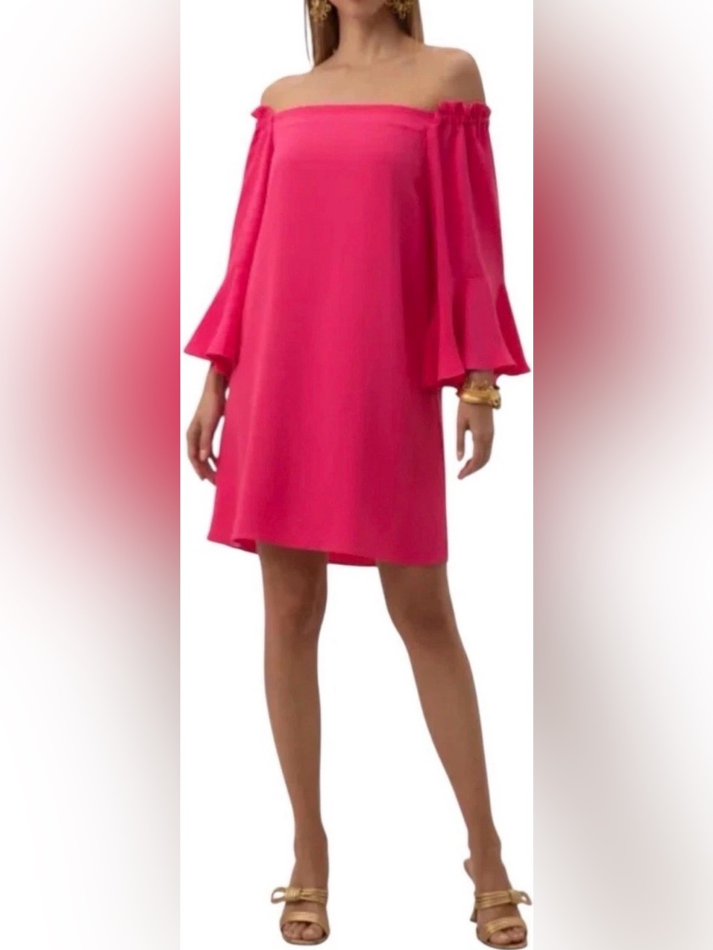 Trina Turk Knox Dress Off Shoulder Bell Sleeve Hot Pink Size L NWT